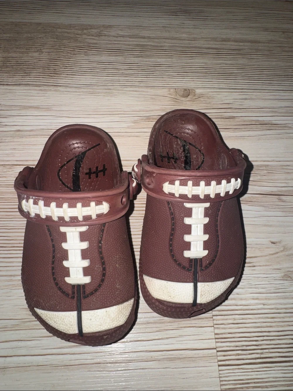 CROCS Brown & White Football-Detail Kids Slip-On Clogs